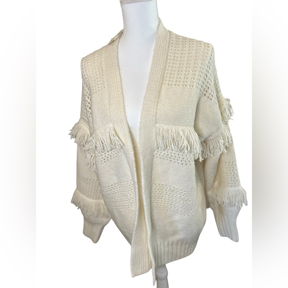 Aerie NWT Small Cream Fringe Open Front Chunky Knit Cardigan Sweater